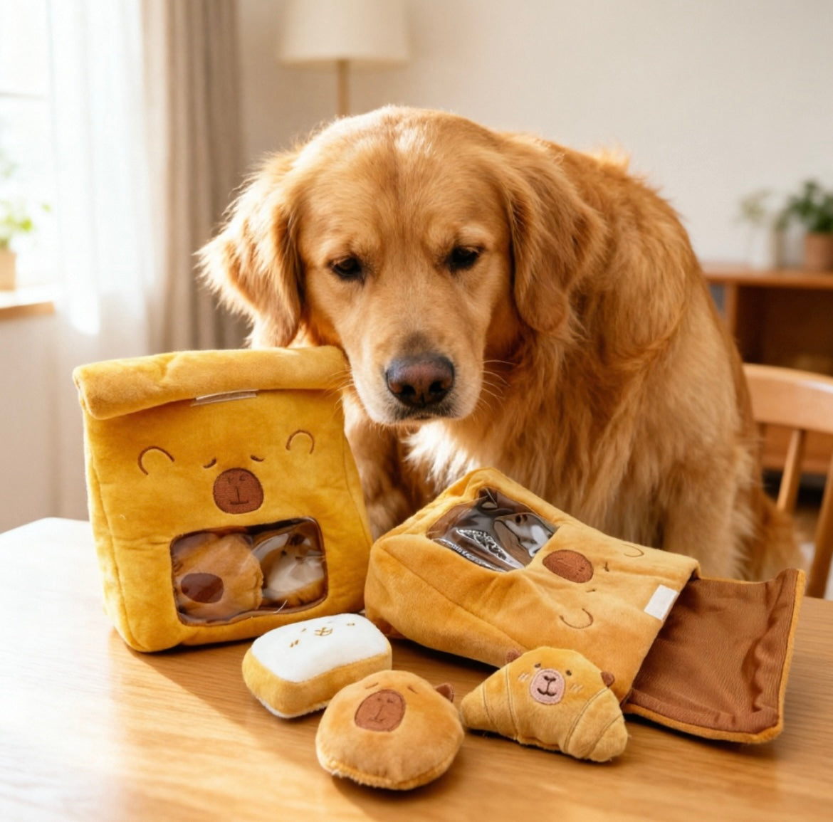 Hide and Seek Squeaky Bread Bag Dog Puzzle Toy, Foraging Educational Plush Pet Chew Toy with Squeaky Bakery Mini Toys