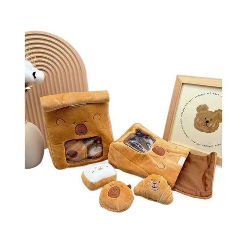 Hide and Seek Squeaky Bread Bag Dog Puzzle Toy, Foraging Educational Plush Pet Chew Toy with Squeaky Bakery Mini Toys