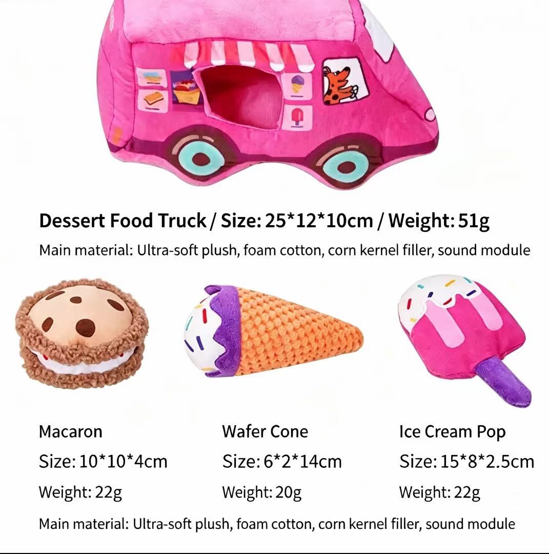 Hide and Seek Squeaky Dog Plush Toy Dessert Food Truck Interactive Pet Chew Toy Set