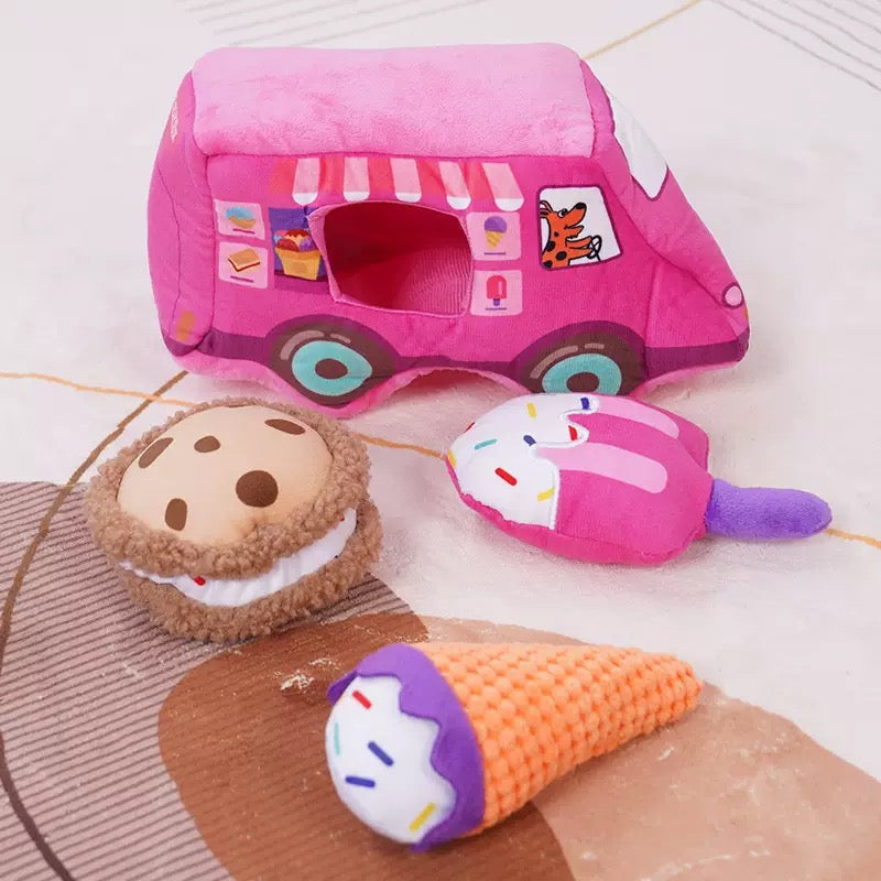 Hide and Seek Squeaky Dog Plush Toy Dessert Food Truck Interactive Pet Chew Toy Set