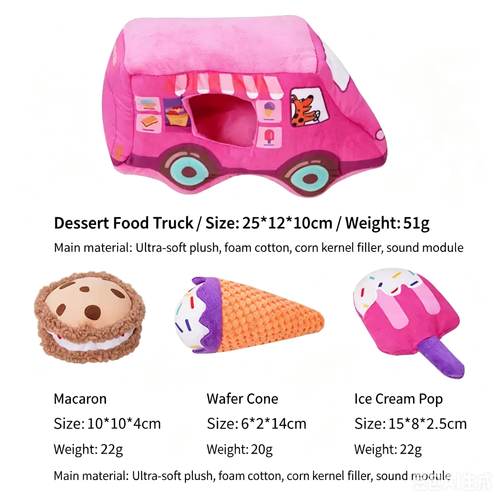 Hide and Seek Squeaky Dog Plush Toy Dessert Food Truck Interactive Pet Chew Toy Set