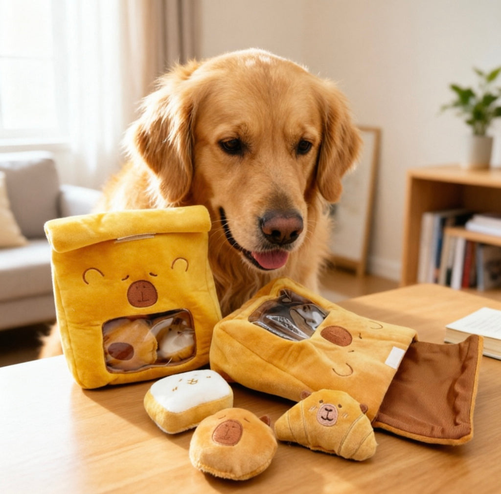 Hide and Seek Squeaky Bread Bag Dog Puzzle Toy, Foraging Educational Plush Pet Chew Toy with Squeaky Bakery Mini Toys