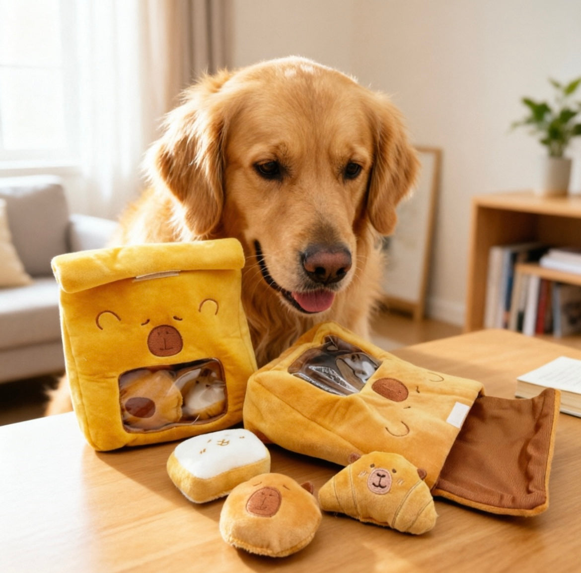 Hide and Seek Squeaky Bread Bag Dog Puzzle Toy, Foraging Educational Plush Pet Chew Toy with Squeaky Bakery Mini Toys