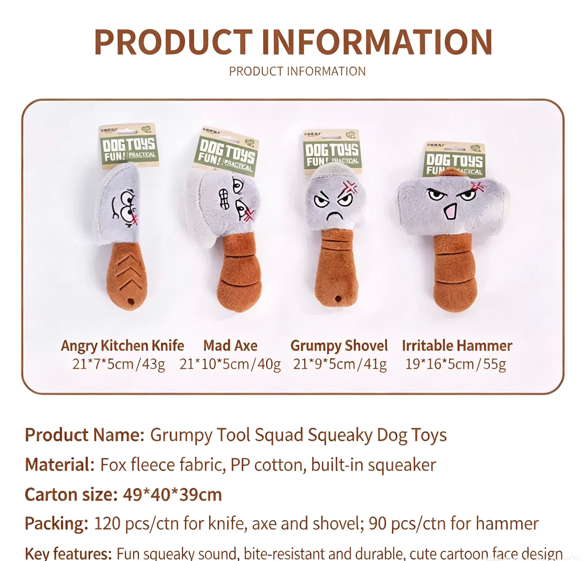 Farm Tool Series Squeaky Plush Dog Chew Toys, Funny Angry Face Interactive Pet Toys with Built-in Squeaker